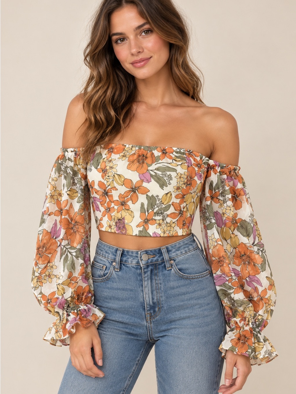 VICI Floral Off-Shoulder Puff Sleeve Crop Top - Cream Orange